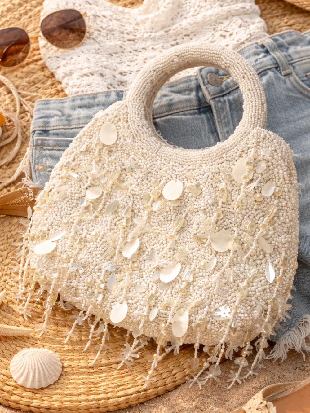 NWT - Eye Catching Viral White Beaded Sequin Handbag with Round Handles